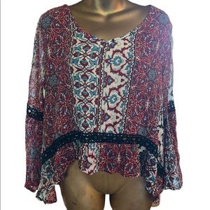 Earthbound Trading Womens Multi Color Floral V-neck Pheasant Top Blouse Size L